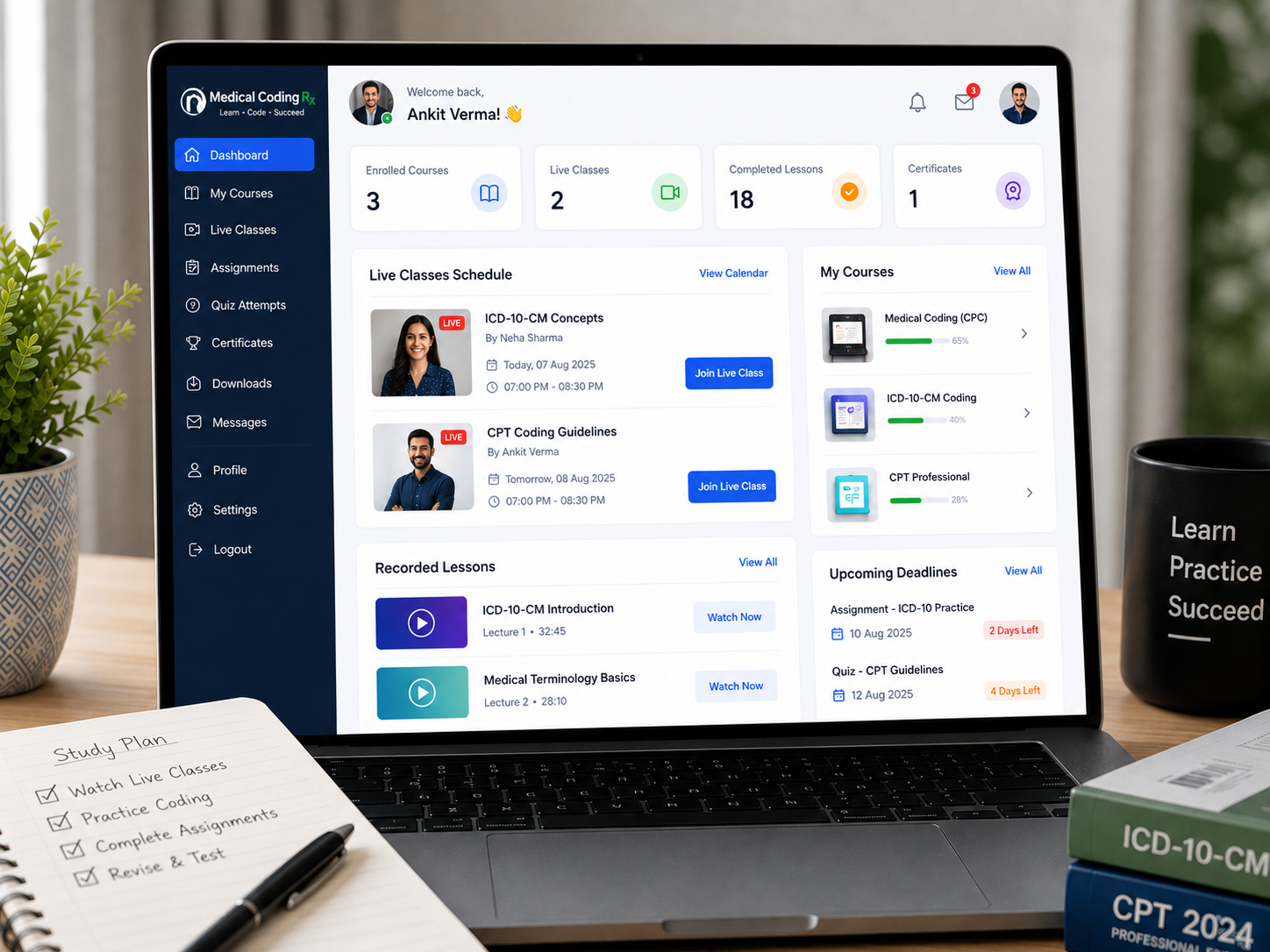 Tutor LMS student dashboard showing live class schedule and recorded lessons